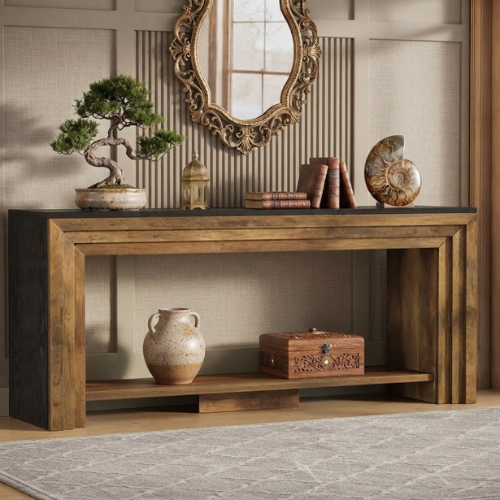 70.9" Farmhouse Console Table, Rustic Entryway Sofa Table with Bottom Storage Shelf, Brown & Black