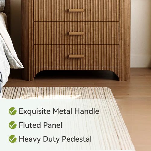 Nightstand 31.5" Oversized Bedside Table with 3 Drawers Mid-Century Modern Fluted Design Wide Storage Cabinet Brown Finish for Bedroom