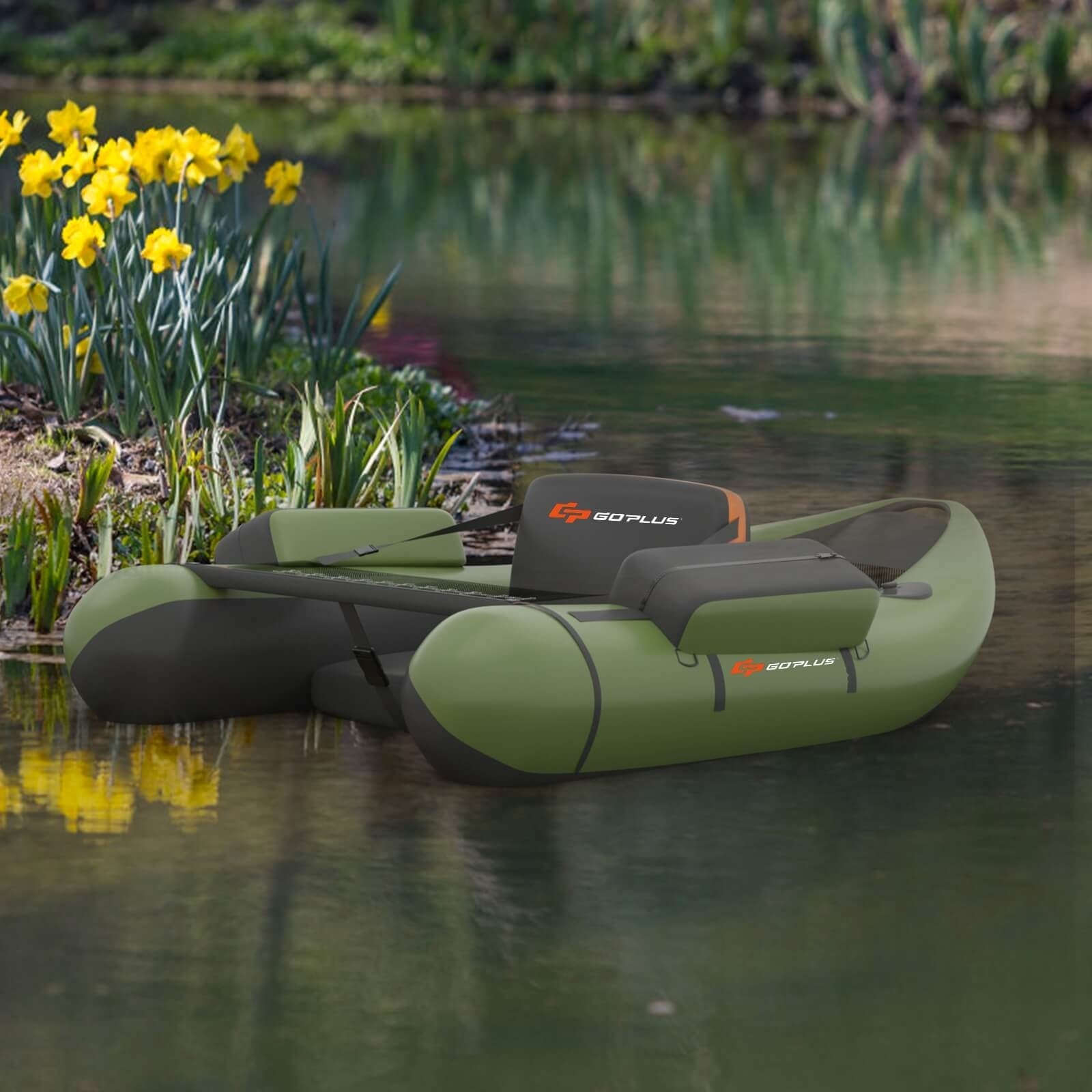 Inflatable Fishing Float Tube with Pump Storage Pockets and Fish Ruler-GreenÂ 