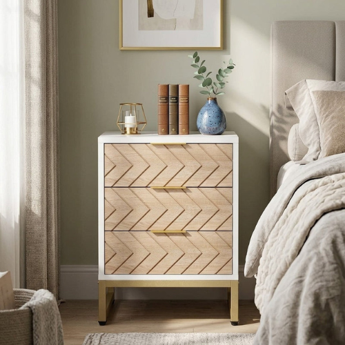 Modern 3-Drawer Nightstand with Metal Frame, Stylish Bedside End Table