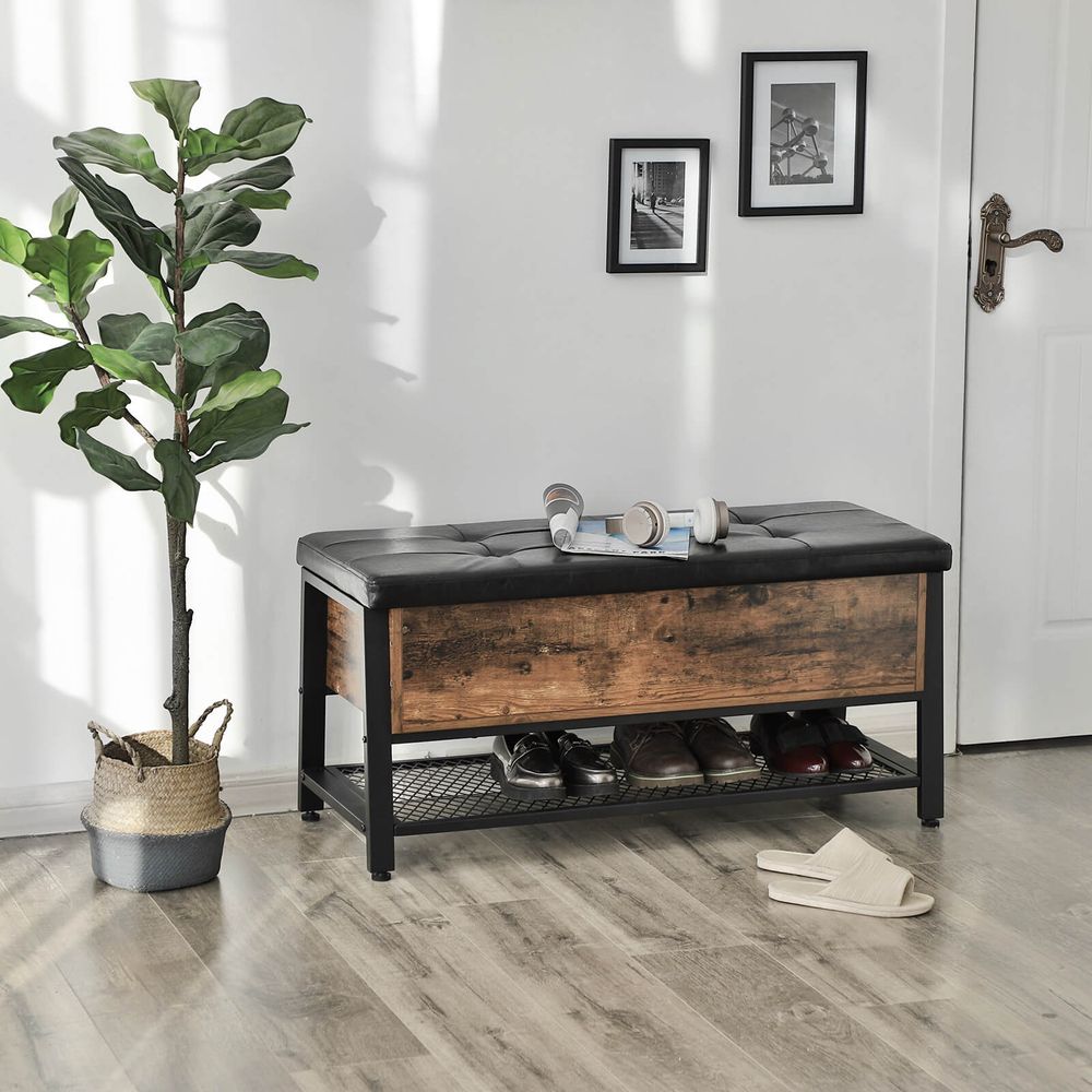 VASAGLE Industrial Storage Bench with Padded Seat and Metal Shelf 