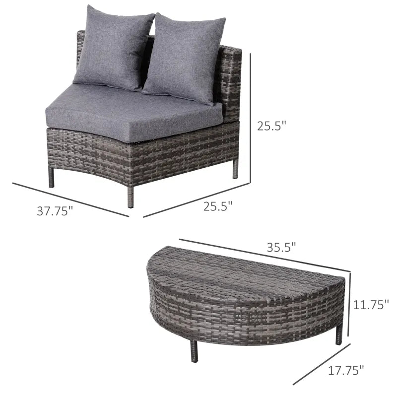 Outsunny 5PC Patio Furniture Set Outdoor Garden Rattan Wicker Sofa Cushioned Half-Moon Seat Deck with Pillow, Table, Grey