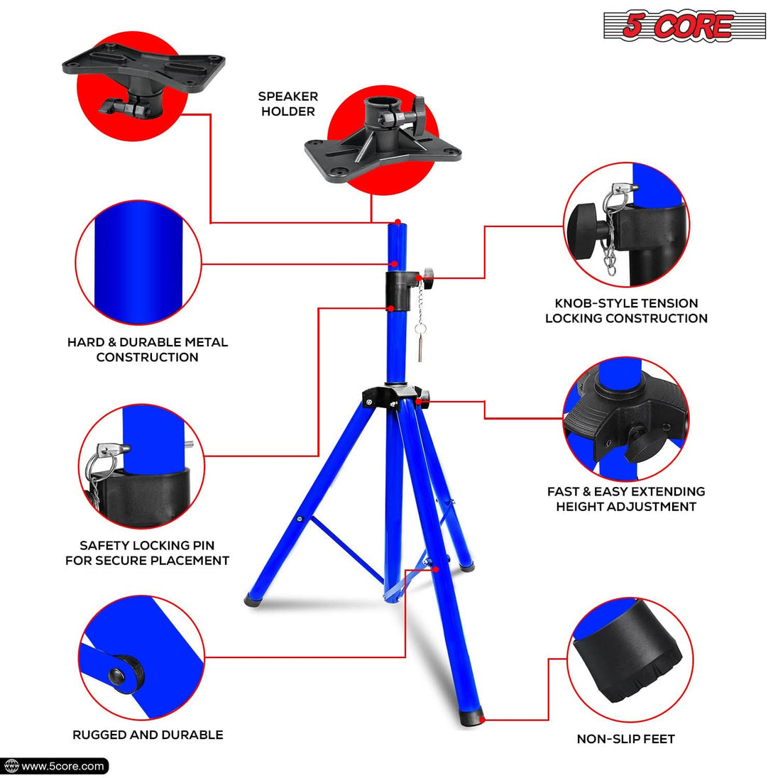 5Core Adjustable Speaker Stand – 72-Inch Tall Tripod DJ Pole Mount for Studio Monitors (Blue)