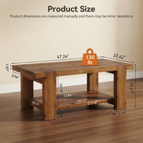 Wood Coffee Table 47.2" Solid Wood Rectangle Center Table with 2-Tier Storage Shelf and Thick Tabletop Rustic Brown