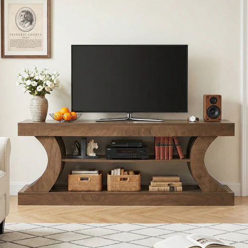 TV Stand 63" Entertainment Center with 3-Tier Storage Shelf for TVs up to 75" with Curved Side Supports and Open Shelves Brown