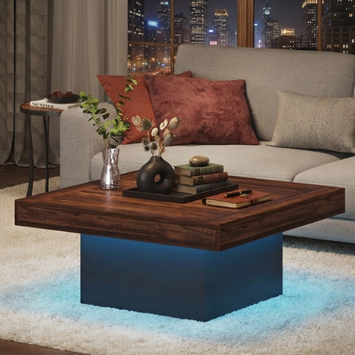 Square Coffee Table 35.4" Farmhouse Wood Cocktail Table with LED Light and Sturdy One-Leg Design Rustic Brown