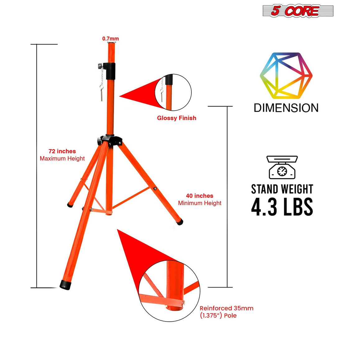 5Core Speaker Stand Tripod Tall Adjustable 72 Inch DJ Studio Monitor Stands Pole Mount ORANGE5Core Speaker Stand Tripod Tall Adjustable 72 Inch DJ Studio Monitor Stands Pole Mount ORANGE