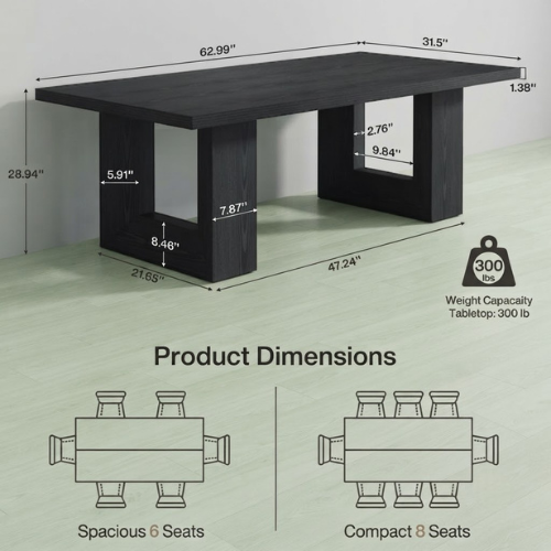 Dining Table 63" Rectangular Farmhouse Kitchen Table for 6-8 People with Geometric Legs Modern MDF Construction Black Finish for Dining Room