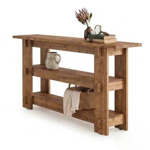 Console Table 63" Solid Wood Farmhouse Sofa Table Behind Couch with 3-Tier Storage Shelves and Heavy Duty Design Rustic Brown