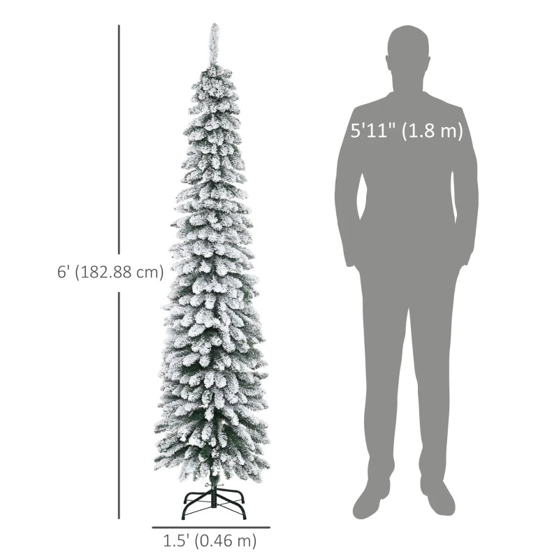HOMCOM 7ft Snow-Flocked Artificial Christmas Tree – Slim Pencil Design, 490 Realistic Branches, Metal Base, Green 
