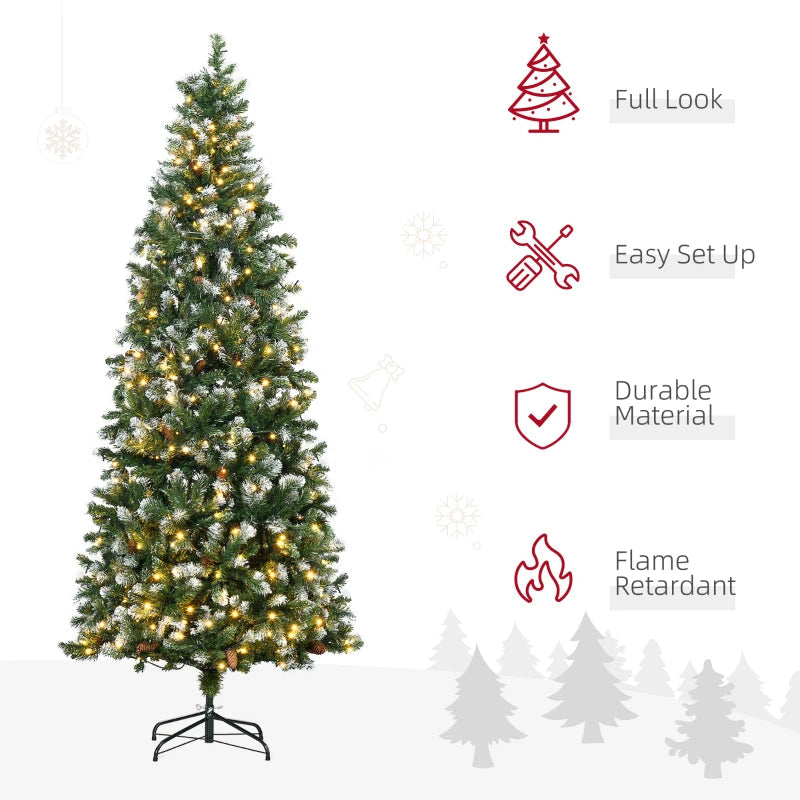 HOMCOM 7.5ft Decorated Skinny Pre-Lit Artificial Christmas Tree – Snow-Dipped Branches with Pinecones, Auto Open Design 
