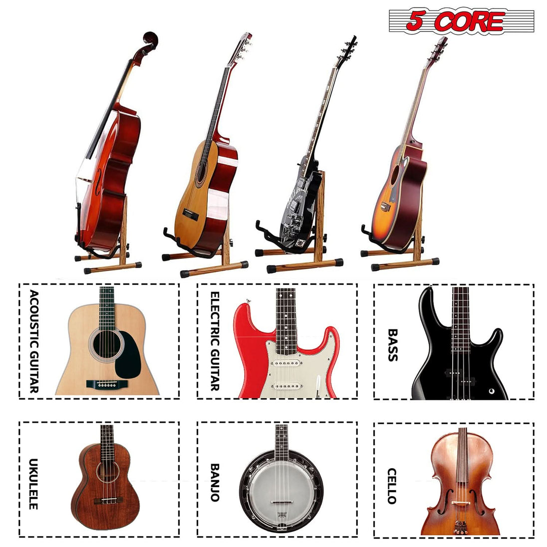 5Core Guitar Stand Floor Adjustable Solid Wood A Frame Universal Folding Acoustic Electric Bass Stands