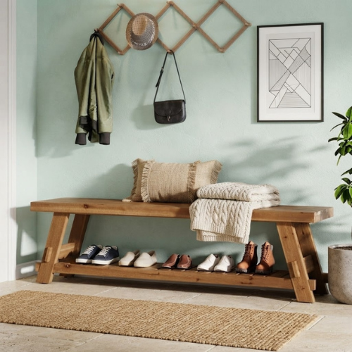 63" Solid Wood Shoe Bench 2-Tier Entryway Bench with Storage Shelf Heavy Duty Seating for Hallway Living Room Rustic Brown