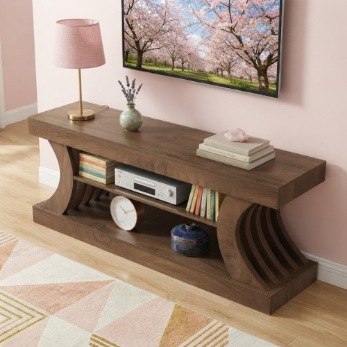 TV Stand 63" Entertainment Center with 3-Tier Storage Shelf for TVs up to 75" with Curved Side Supports and Open Shelves Brown