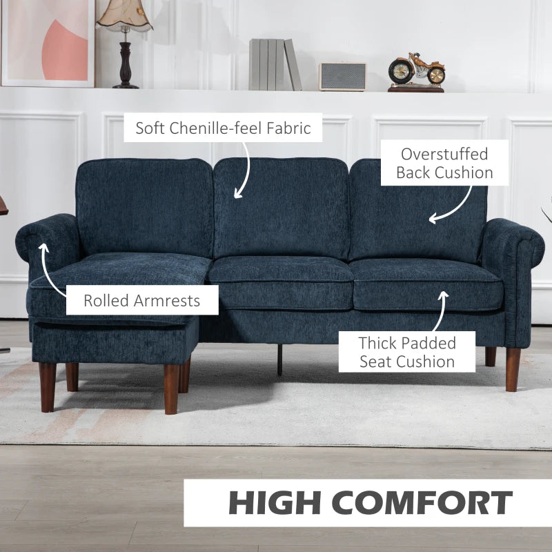 HOMCOM L Shape Sofa, Modern Sectional Couch with Reversible Chaise Lounge, Wooden Legs, Corner Sofa for Living Room, Dark Blue