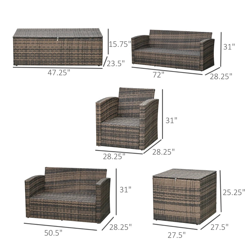 Outsunny 6 Piece Outdoor Rattan Wicker Sofa Set Sectional Patio Conversation Furniture Set w/ Storage Table & Cushion Orange