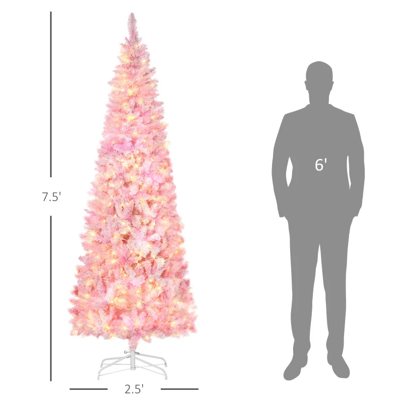 HOMCOM 7.5ft Prelit Snow-Flocked Artificial Christmas Tree – Pencil Shape, 700 Realistic Pine Branches, Warm White LED Lights, Auto Open, Pink & White 