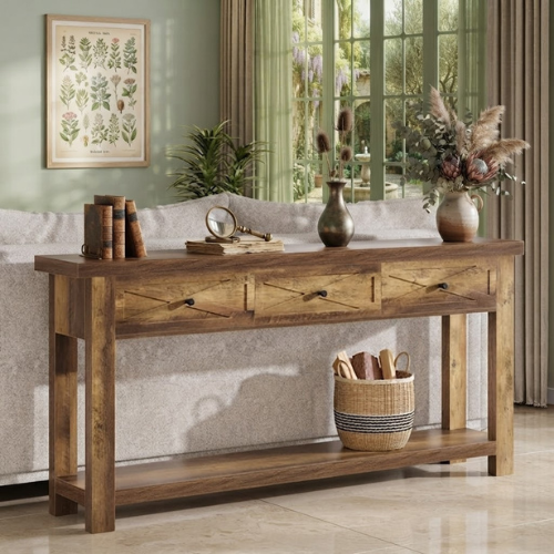 70.9" Farmhouse Console Table with 3 Drawers, Narrow Entryway Sofa Table with Storage Shelf Rustic Brown