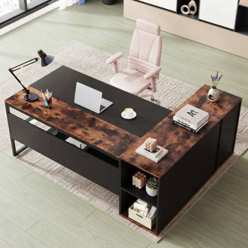 71" L-Shaped Executive Desk with Storage Cabinet, Printer Stand, CPU Holder & Shelves, Large Home Office Desk, Rustic Brown & Black