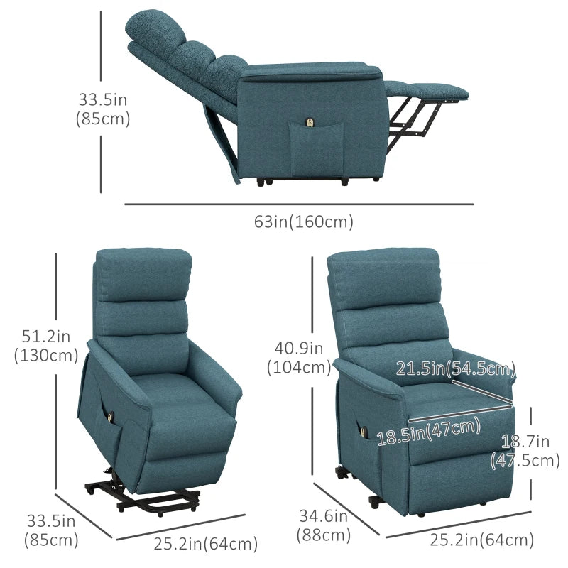 HOMCOM Lift Chair for Elderly, Power Chair Recliner with Remote Control, Side Pockets for Living Room, Blue