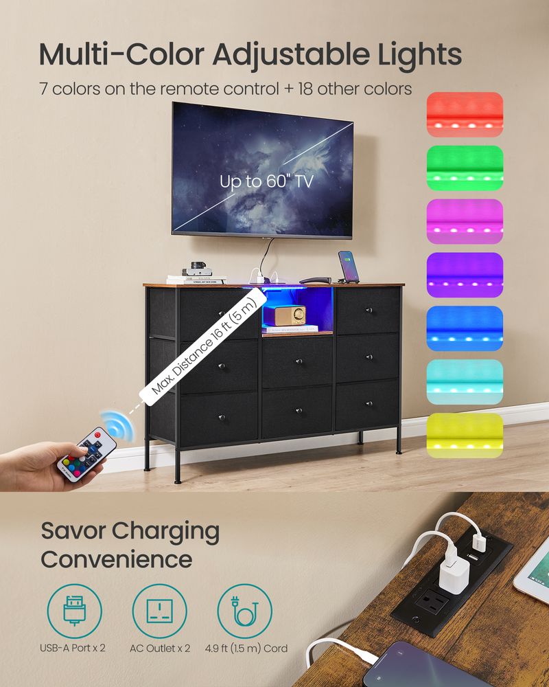 SONGMICS Fabric Dresser with Power Outlets and LED Lights 