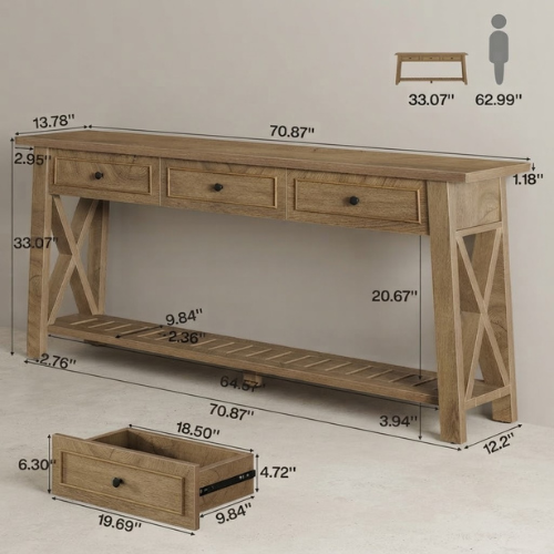 70.8" Console Table with 3 Storage Drawers, Long Sofa Table Behind Couch with Shelf, Farmhouse Entryway Table Brown