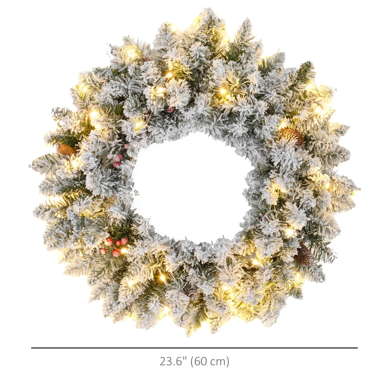 HOMCOM 24" Pre-Lit Artificial Christmas Wreath – Green Spruce with Cones, Red Berries & 20 LED Lights, Battery Operated 