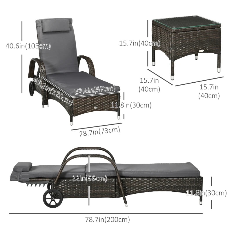 Outsunny 3 Pieces Patio Rattan Lounge Set Wheeled Wicker Chaise Lounge Chair Set Outdoor Reclining Lounger with Padded Cushion and A Side Table with A Tempered Glass Top, Grey