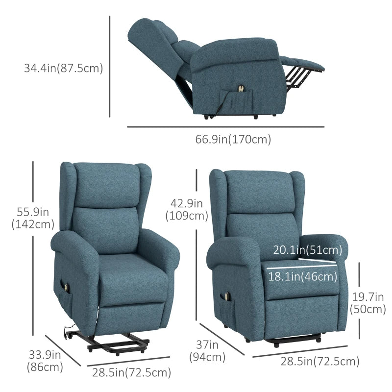 HOMCOM Wingback Lift Chair for Elderly, Power Chair Recliner with Footrest, Remote Control, Side Pockets, Blue