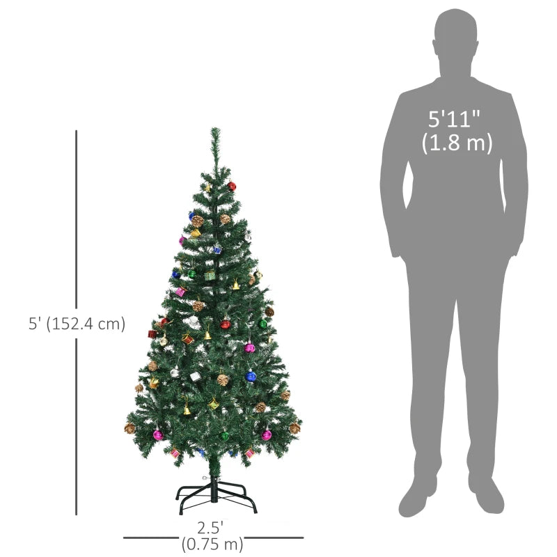 HOMCOM Green Artificial Christmas Tree with Ornaments, Holiday Xmas Decoration for Home, Office & Party 