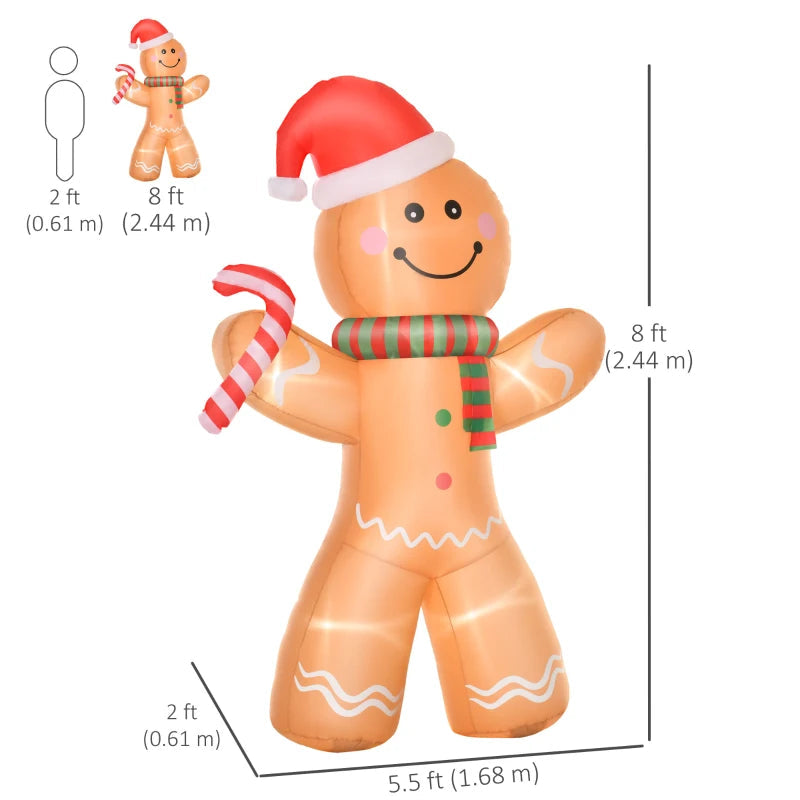 HOMCOM 8FT Inflatable Christmas Gingerbread Man with Candy Cane, Outdoor Blow Up Yard Decoration with LED Lights 