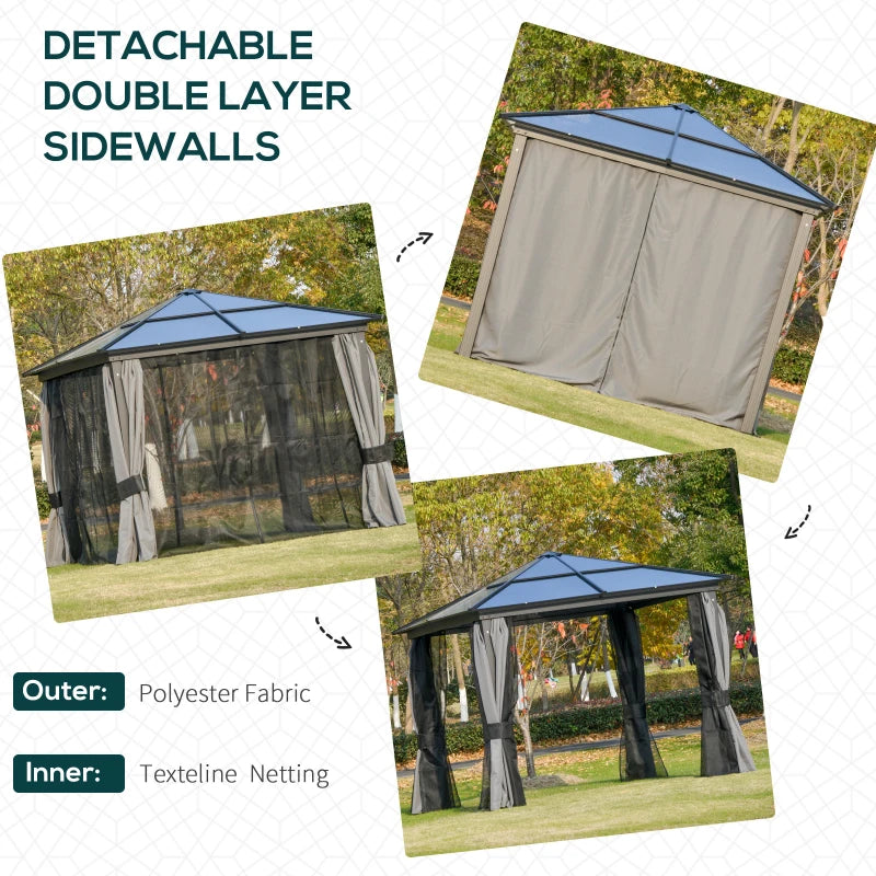 Outsunny 10x10ft Hardtop Gazebo with Aluminum Frame, Polycarbonate Gazebo Canopy with Curtains and Netting