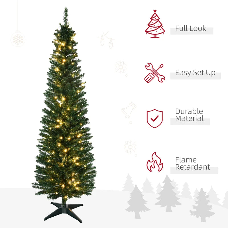 HOMCOM 6' Pre Lit Artificial Pencil Christmas Trees, Xmas Tree with Realistic Branches and Warm White LED Lights, Green 