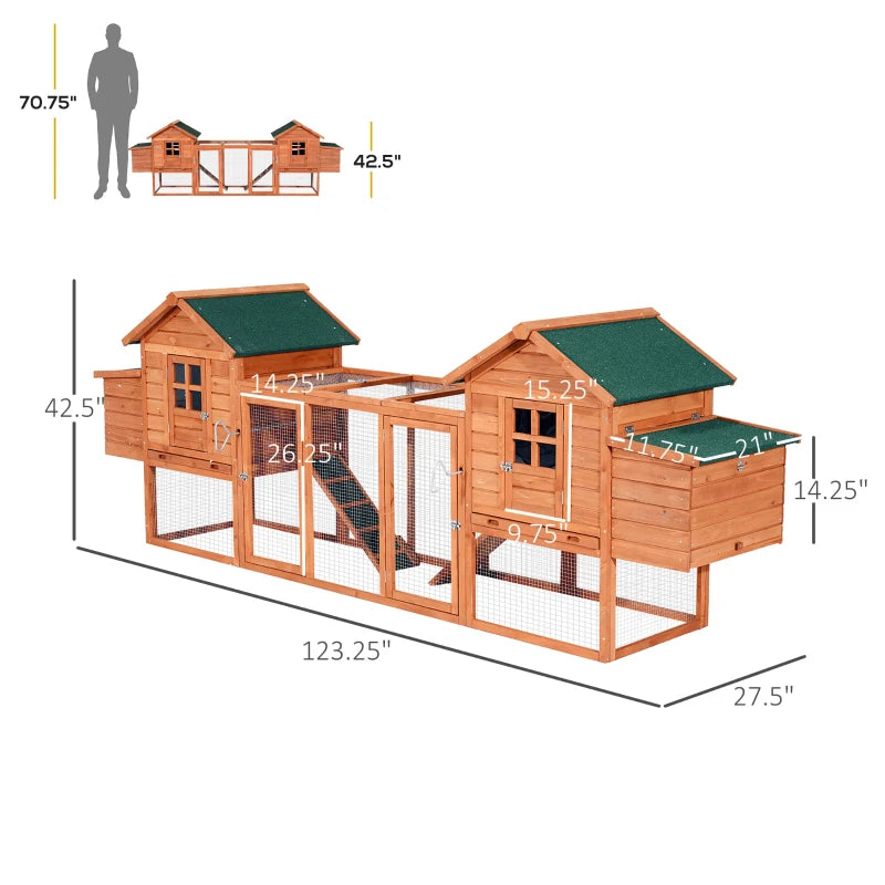 PawHut 123" Dual Chicken Coop Wooden Large Chicken House Rabbit Hutch Hen Poultry Cage Backyard with Outdoor Ramps and Nesting Boxes