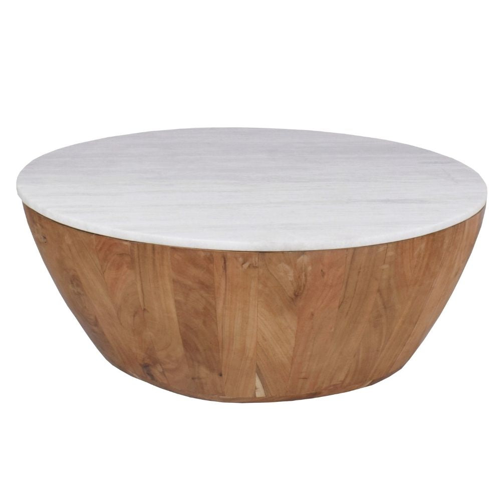 Cecile Mango Wood Drum Coffee Table With Marble Top 