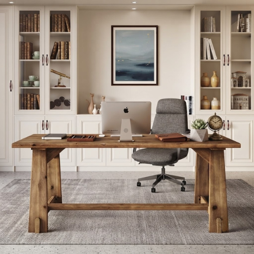 63" Solid Wood Office Desk Farmhouse Executive Computer Desk with Large Work Surface 1.18" Thick Tabletop for Home Office Rustic Natural