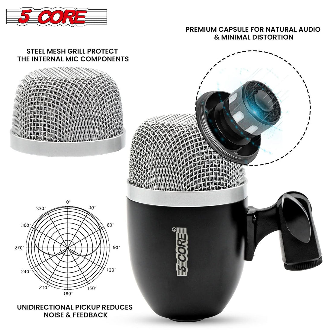 5Core Condenser XLR Microphone – Conga, Snare, Tom Drum Kit Instrument Mic (Black)