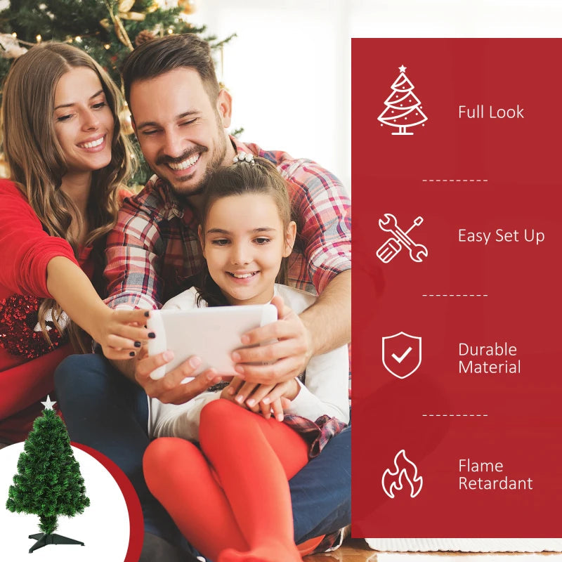 HOMCOM 2.5FT Prelit Artificial Tabletop Christmas Tree with Fibre Optics Holiday Home Xmas Decoration for Table and Desk Geen 