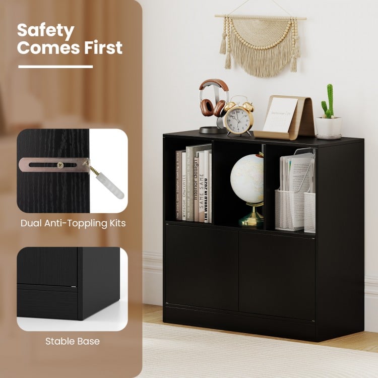 3-Cube Bookcase with Doors 3-Tier Cubic Bookshelf with Open Compartments and Cabinet-Black