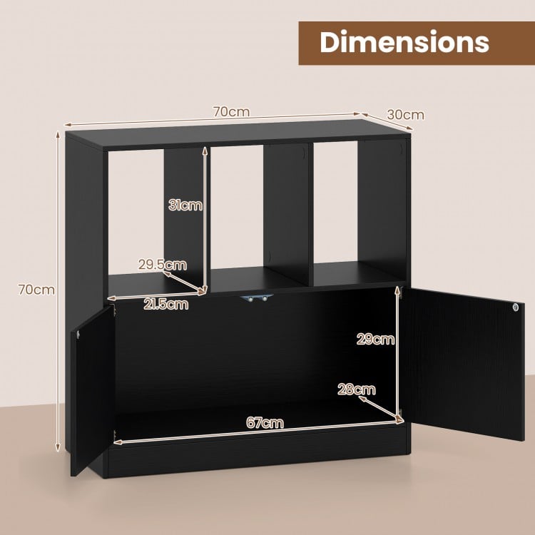3-Cube Bookcase with Doors 3-Tier Cubic Bookshelf with Open Compartments and Cabinet-Black