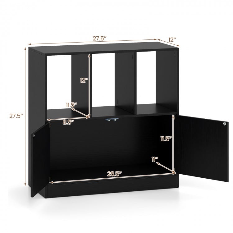 3-Cube Bookcase with Doors 3-Tier Cubic Bookshelf with Open Compartments and Cabinet-Black