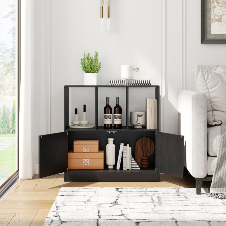 3-Cube Bookcase with Doors 3-Tier Cubic Bookshelf with Open Compartments and Cabinet-Black