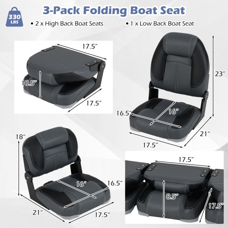 3-Pack Folding Boat Seats with 28D Soft Sponge Padding