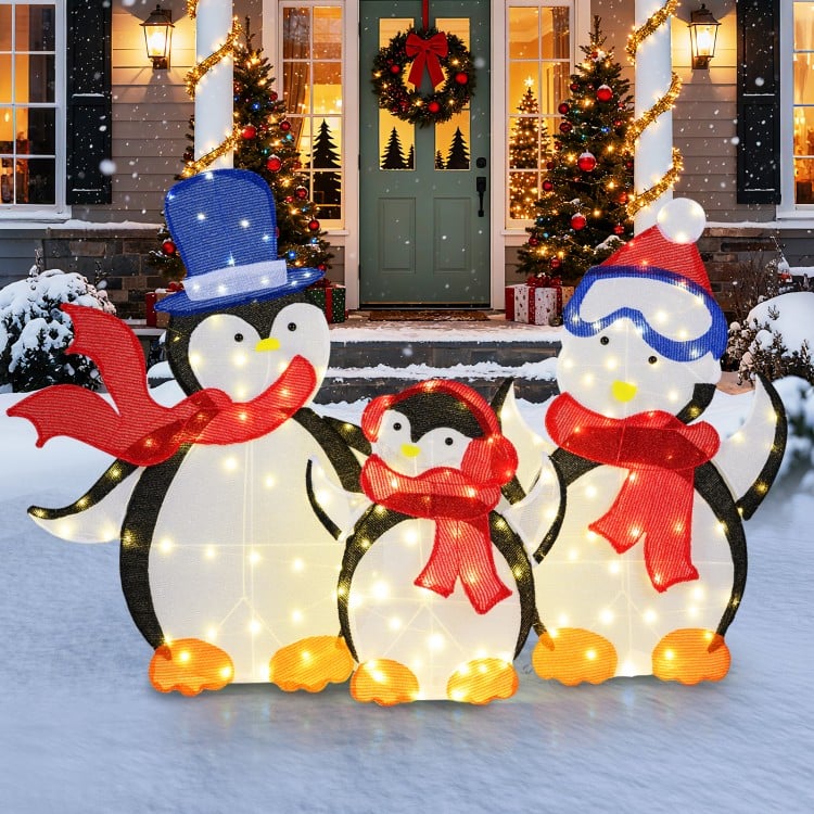 3-Piece 2D Lighted Penguin Family Christmas Decoration with 160 LED Lights