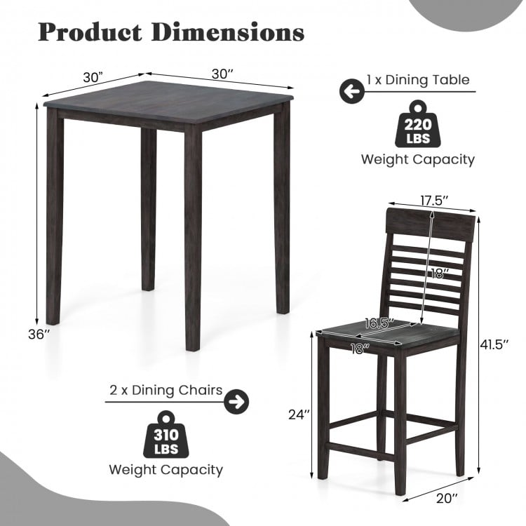 3-Piece Counter-Height Dining Table Set for 2 with Rubber Wood Frame and Footrest-Gray