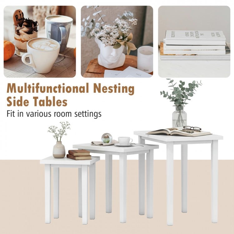 3-Piece Farmhouse Rectangle Side Table Set for Living Room-White