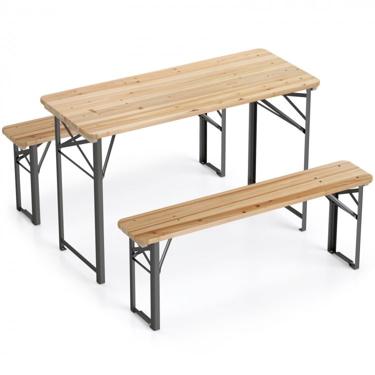 3-Piece Folding Picnic Table with Benches Fir Wood Portable Bear Camping SET-Natural