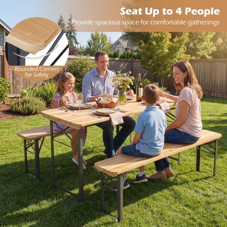 3-Piece Folding Picnic Table with Benches Fir Wood Portable Bear Camping SET-Natural
