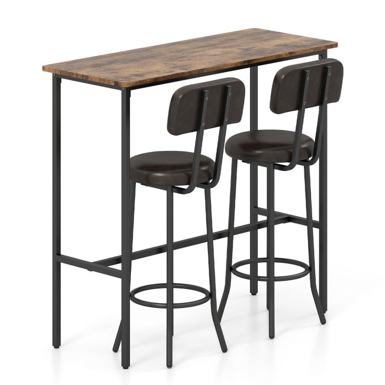 3-Piece Industrial Bar Table Set with 2 Upholstered Stools and Footrests for Dining Room-Rustic Brown