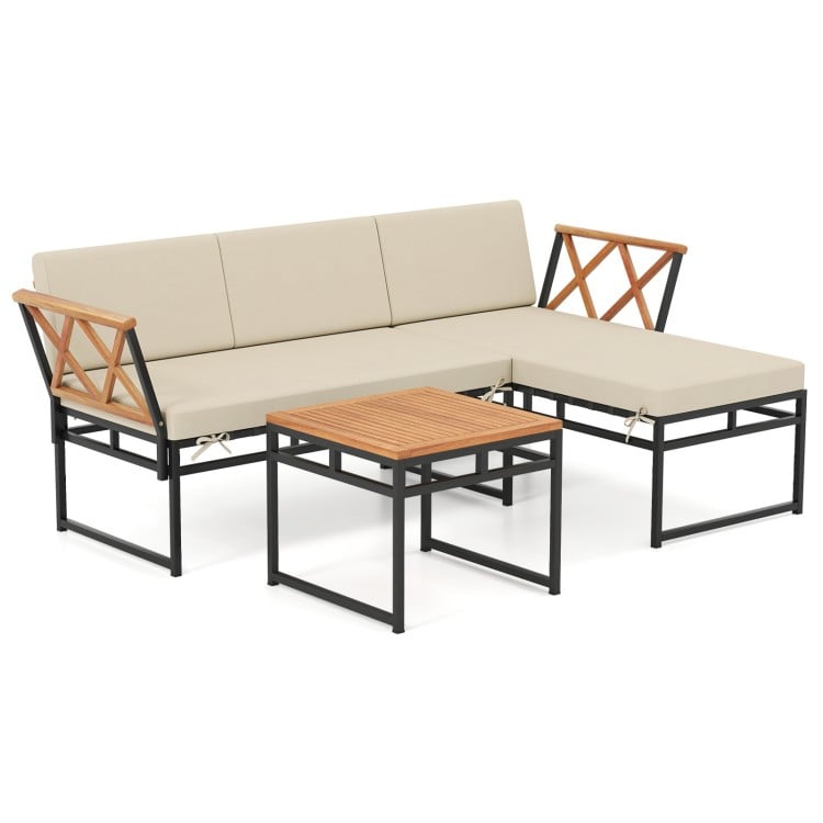 3-Piece L-Shaped Patio Furniture Set for Porch Backyard and Poolside-Beige